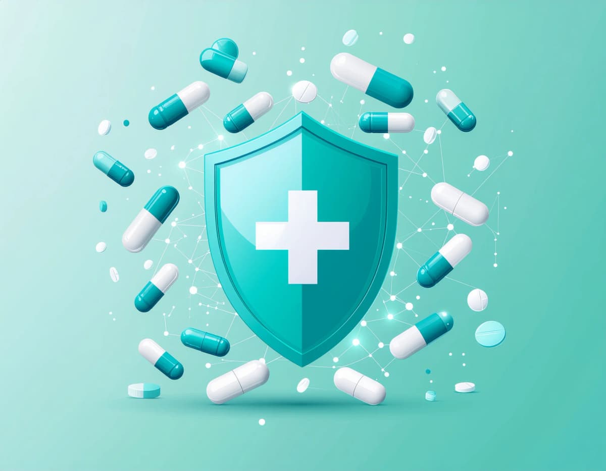Medication safety illustration showing shield protection with pills and medical elements